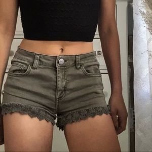 Olive green denim shorts with crochet hem
